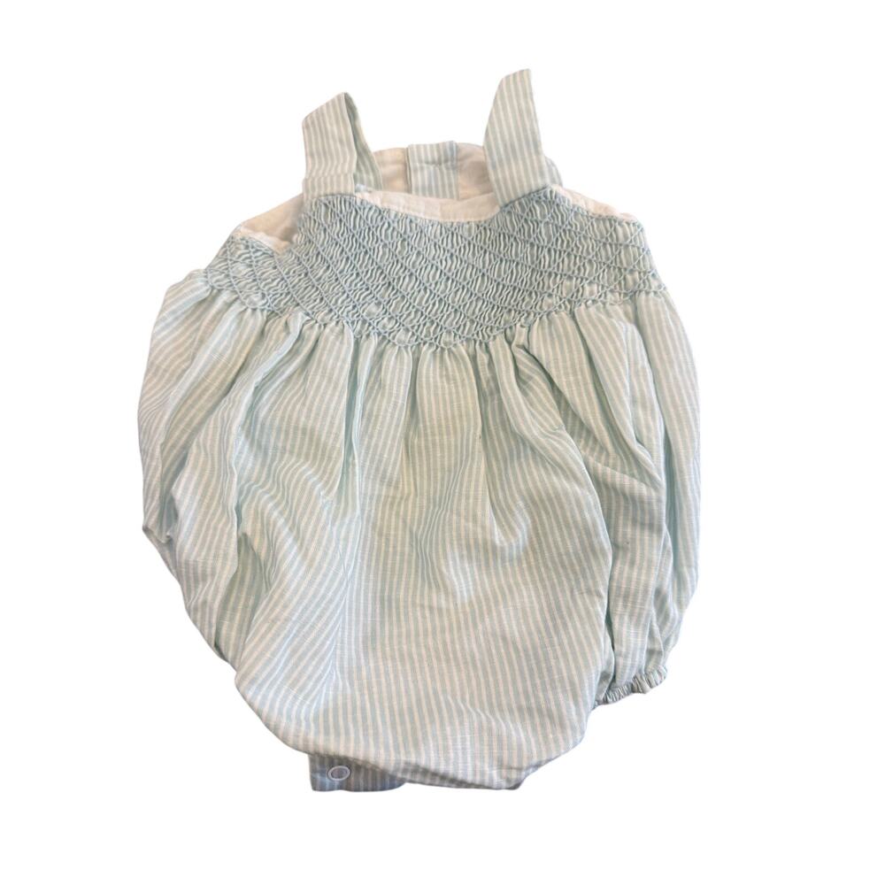 Dondolo Children Clothier Striped Blue Linen Cotton Romper Infant size 6 months